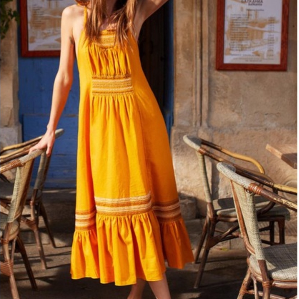 Free People mustard yellow flowy boho dress